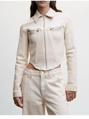 Mango Cream Denim Corset Jacket Zip Front Cropped Utility Top. Size Medium